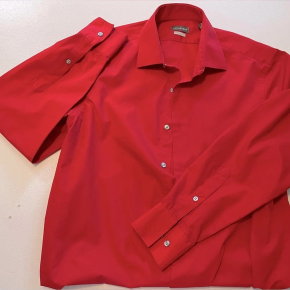 Van Heusen 15-15.5 men’s long sleeve button front & sleeve RED shirt. Fitted. - Picture 4 of 8